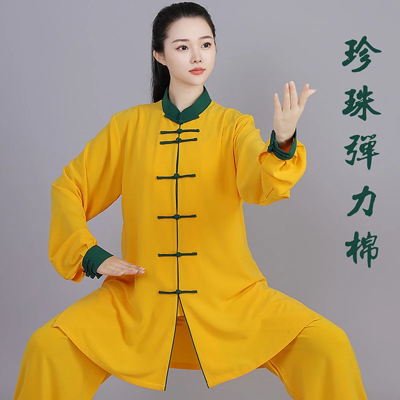 Unisex Tai Chi Suit Spring/Autumn Mid-Length Stretch Cotton Martial Arts Training & Group Performance Costume for Morning Exerci