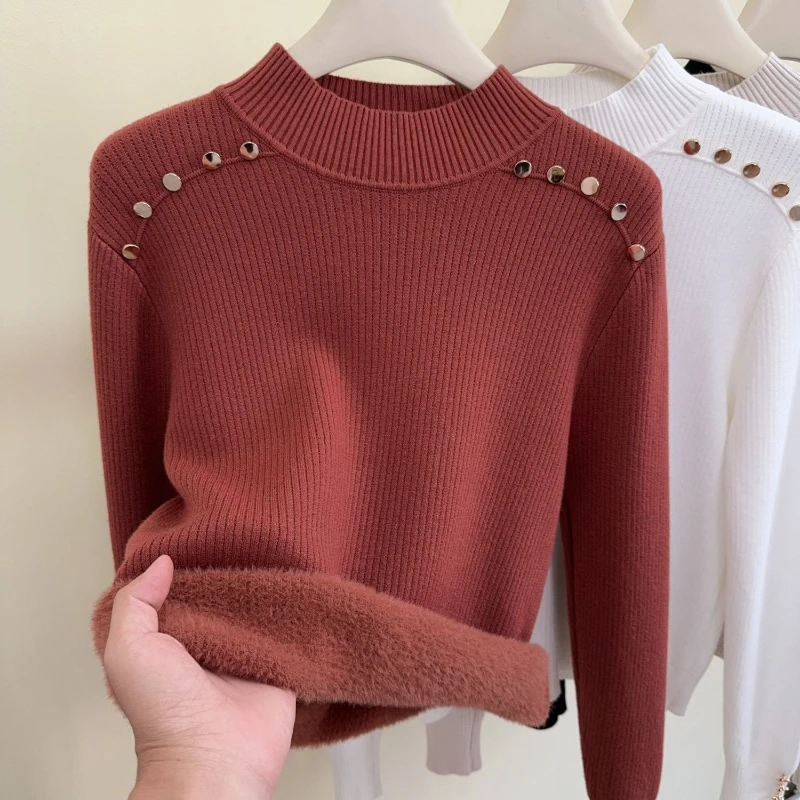 Autumn and Winter New Thick Cashmere Sweater Women Half Turtleneck Pullover Sweater Warm Knitted Velvet Lined Base Sweater Tops