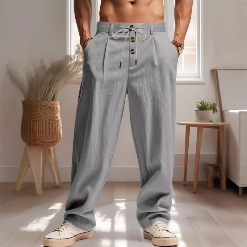 New solid color cotton and linen men's loose casual pants, Hawaiian men's lightweight and breathable casual sports pants