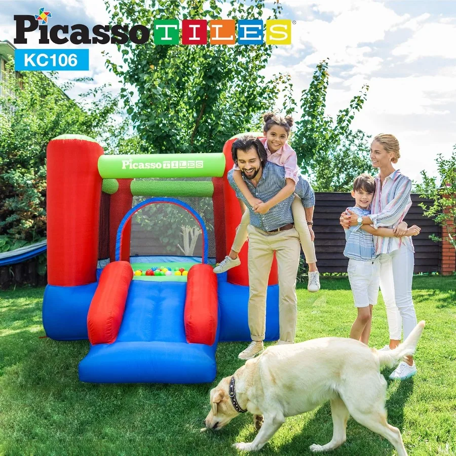 8x7 Foot Junior Inflatable Bouncer, Kid Park, Jumping Bouncing House, Jump Slide Playhouse w/ 50 Pit Balls, 3 Sides Mesh Protec
