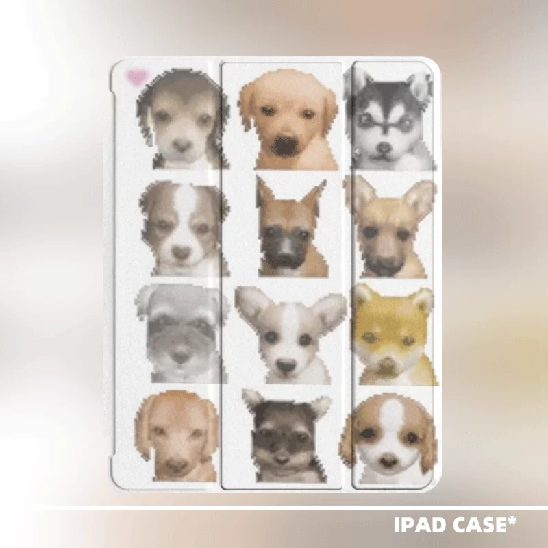 Funda Transparente Plegable de Tres Partes con Diseño de Cachorro de Dibujos Animados con Efecto Pixelado para iPad 10 9 8 7 Air 5 4 3 2 Pro 11 Mini