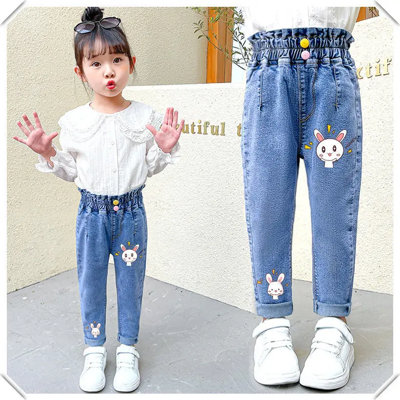 

Kids Girls Jeans Spring and Autumn New High Waist Pants Kids Baby Elastic Casual Pants