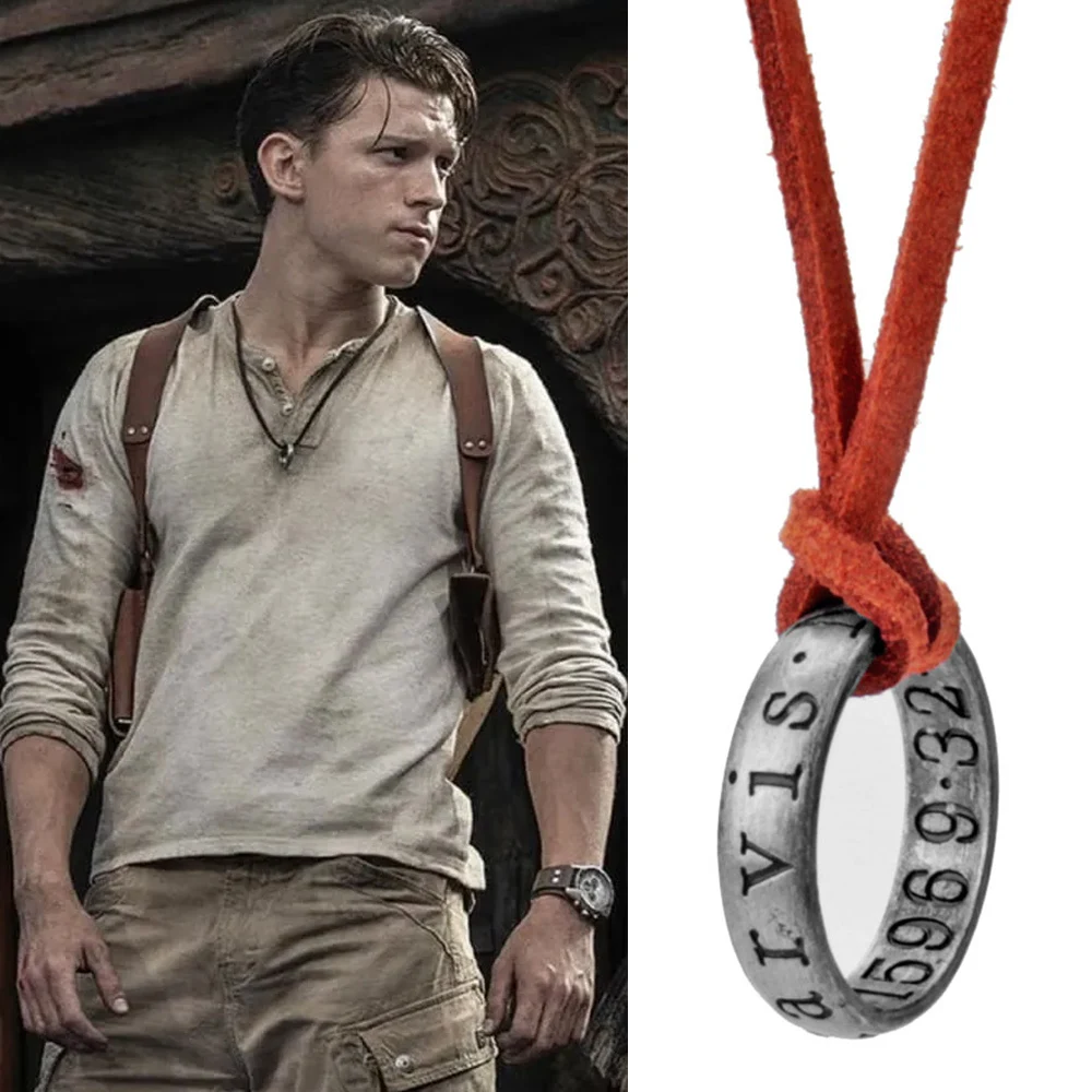 Hot Movie Game Uncharted 4 Charm Necklace Nathan Drake Cosplay Ring Leather Code Ancient Vintage Pendant Jewelry Accessries Prop