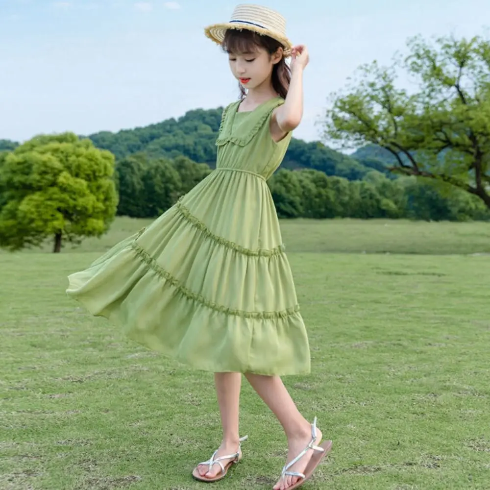 

Fashion Doll Collar Girls Princess Dress Teens Beach Vacation Summer Cake Dress Sweet Party Children Long Dress Holiday