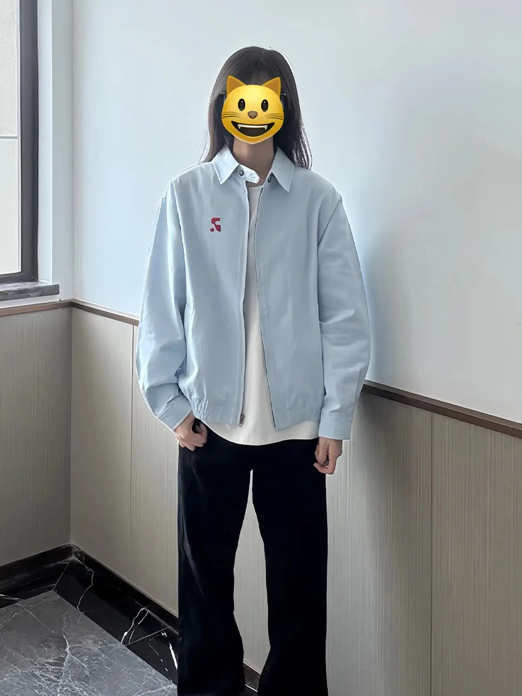 

Light Blue Collared Baseball Jaet Coat ex Autumn Faion Brand High Quali Couple's Cleanfit irt Outerwear