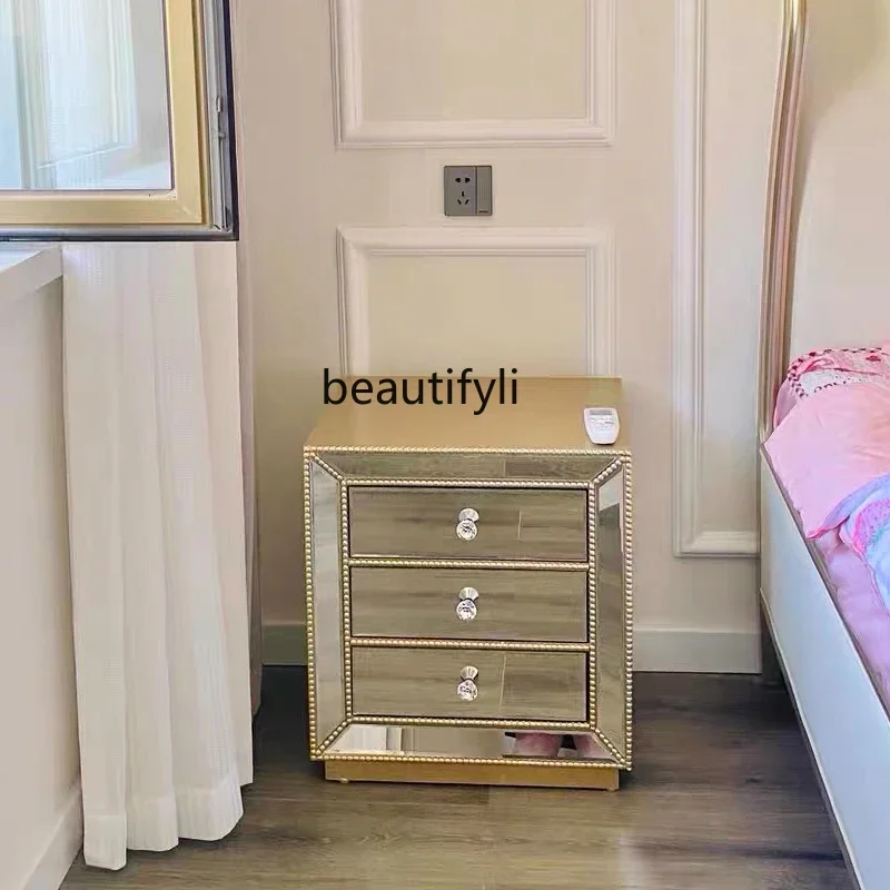 Simple European Mirror Light Luxury Bedside Table Phone Table Glass Dressing Table Neoclassical Modern Bedroom Side Cabinet