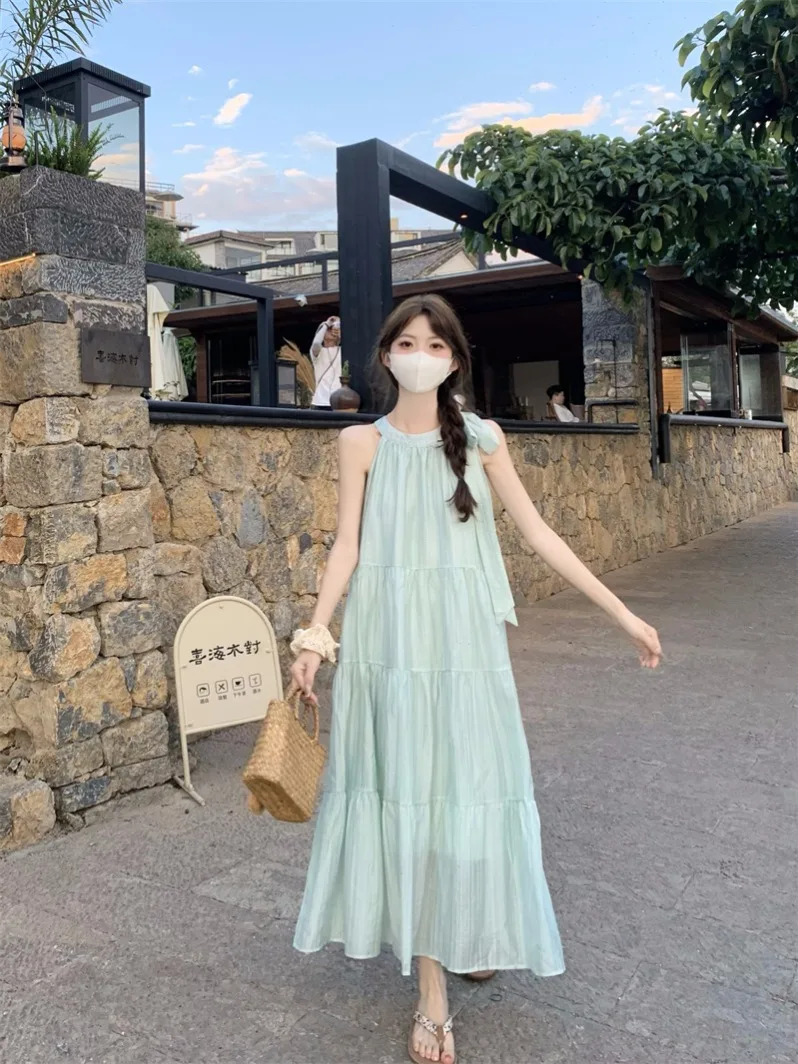 

Solid Color Suspender Long Dress New Summer Casual Comfortable Lazy Style Seaside Vacation Hanging Neck Bow Dresses