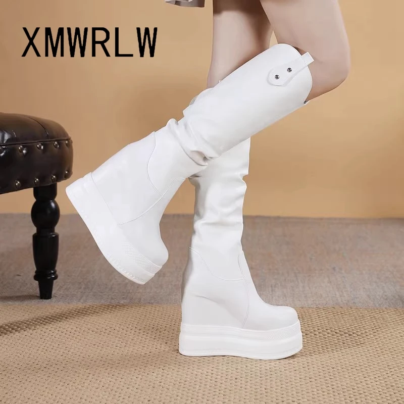 XMWRLW Women\'s Knee-High Boots Leather Platform Shoes Hidden Heel Women Shoes Thick Sole Women High Boots Autumn Winter Boot