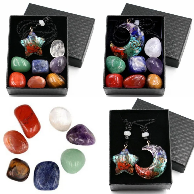 

Gem Stones Natural Raw Moon and Star Necklace Women Jewelry Gifts Box Set for Couples Nepal Style Colorful Crystal Energy Stone