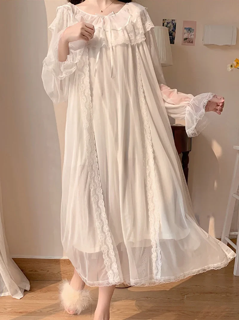 Damskie falbany Vintage koszule nocne Lolita księżniczka bielizna nocna biała koronkowa siateczka wróżka sukienka wieczorowa wiktoriańska koszula nocna Loungewear