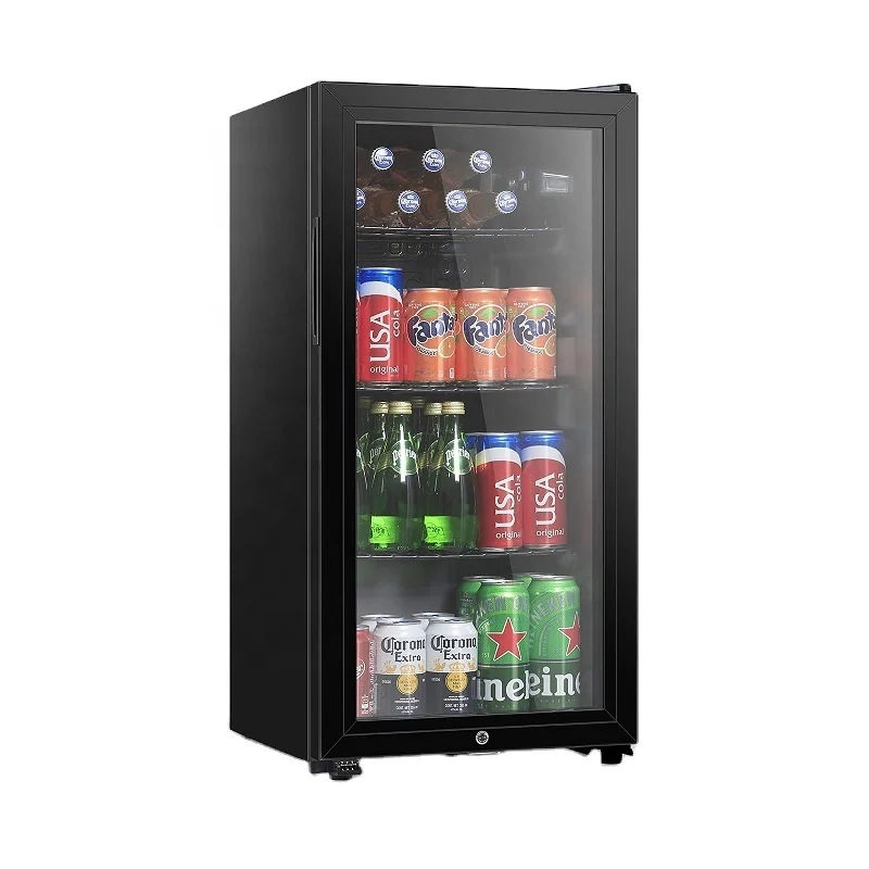 Double Glass Door Beverage Cooler Place 105 Cans with Adjustable Shelf and Free Standing Style for Office Bar and Home Use