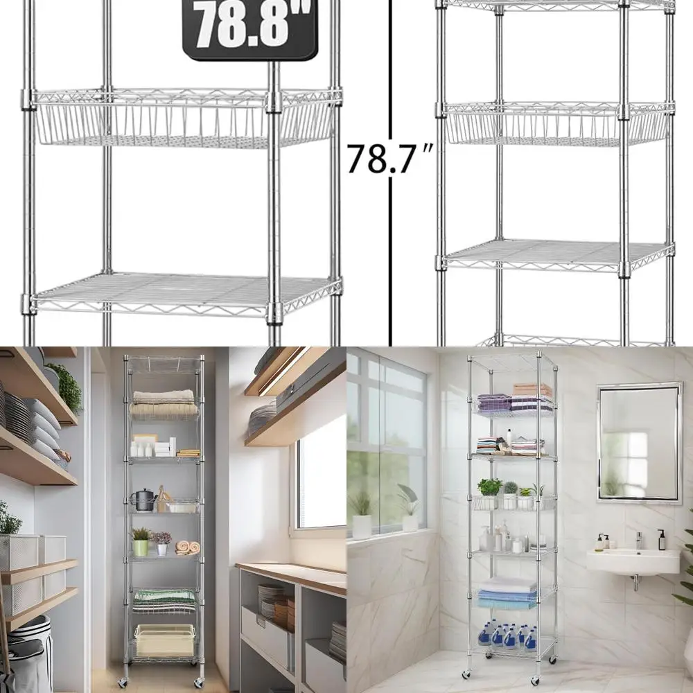 

7-уровневый сверхпрочный проволочный стеллаж с колесиками, 18x18x788 дюймов, регулируемый металлический стеллаж для хранения для кухни, ванной комнаты, офиса