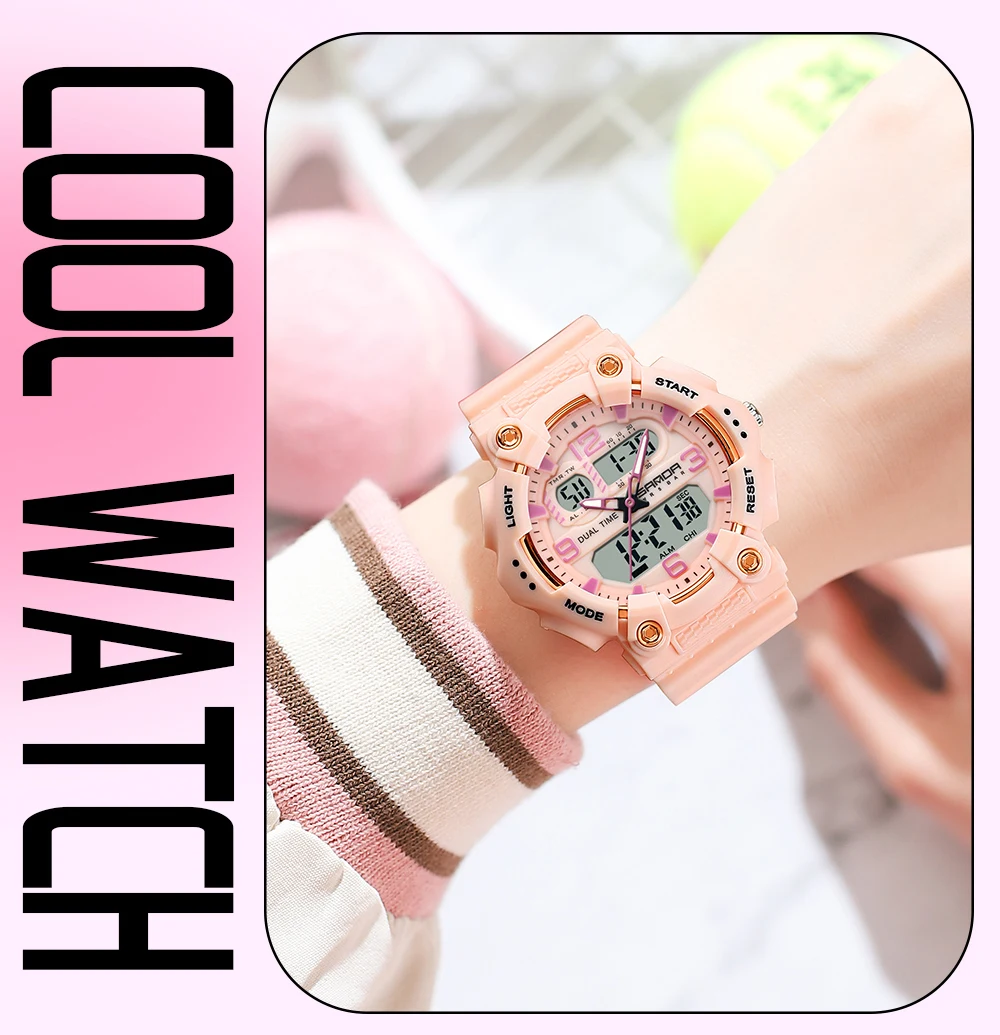 SANDA SD6179 Женские спортивные кварцевые электронные часы с двойным дисплеем, многофункциональные светодиодные ночники, водонепроницаемые повседневные часы