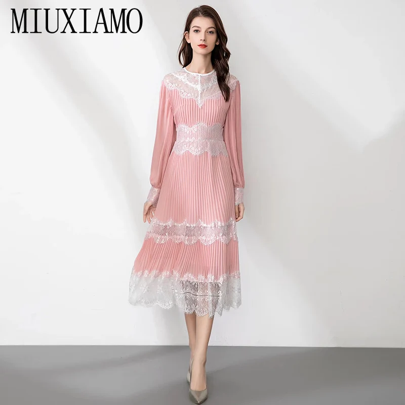 

MIUXIMAO 2022 Spring/Summer Women's Clothing O-Neck Long Sleeve Slim Waist Lace Fold Dress Fashion Elegant Casual Style