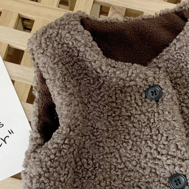 Autumn Winter Baby Lamb Wool Plus Velvet Waistcoat Girls Boys Plush Vest Single Breasted V Neck Child Warm Fashion Warm Coat image 6