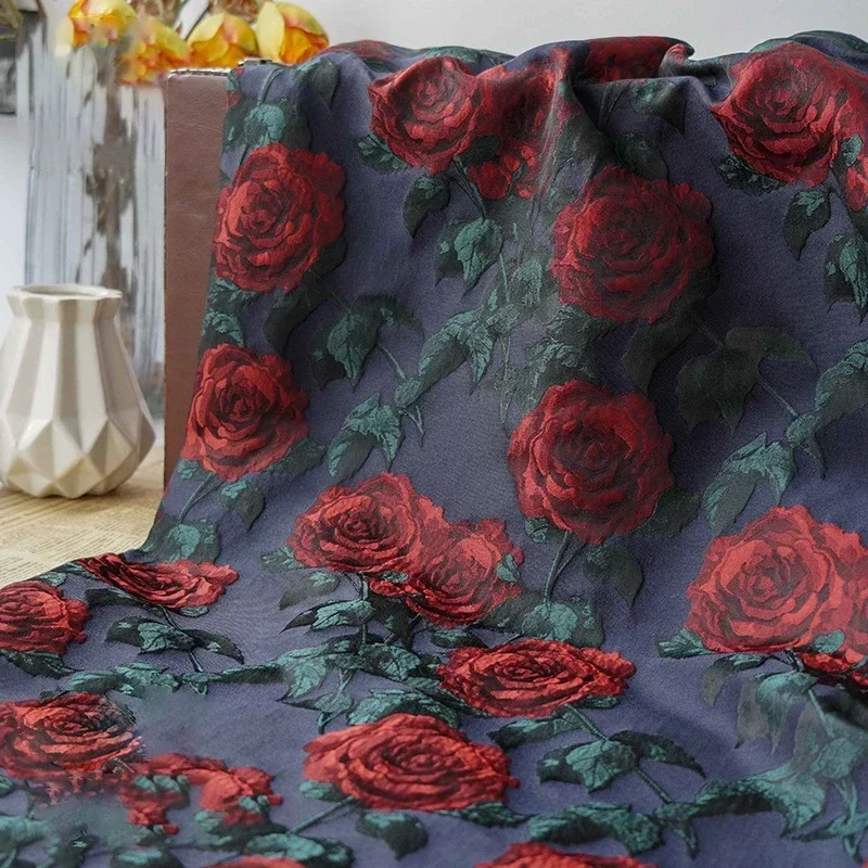 45cm x 155cm azul escuro vermelho rosa fio tingido tecido jacquard elegante retro feminino vestido floral camisa decorativa diy tecido de costura