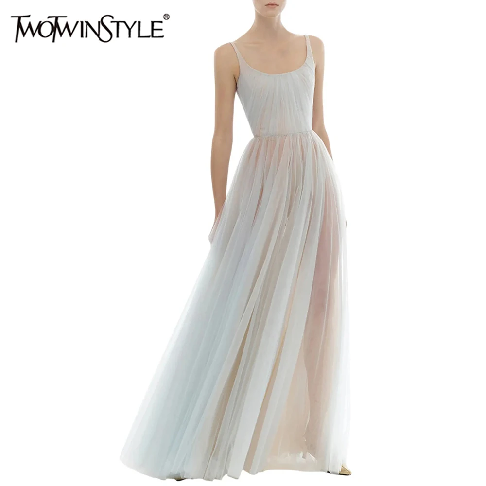TWOTWINSTYLE Hit Color Slimming Spliced Meah Elegant Dresses for Women Square Neck Sleeveless Patchwork Shirring Dress Female