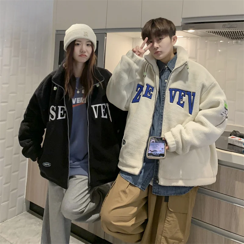 

Lamb Fur Jaet Men's Winter Thiened Warm Casual Faion Outerwear Couple Sle Polyester Fiber Long Sve Zipper Closure