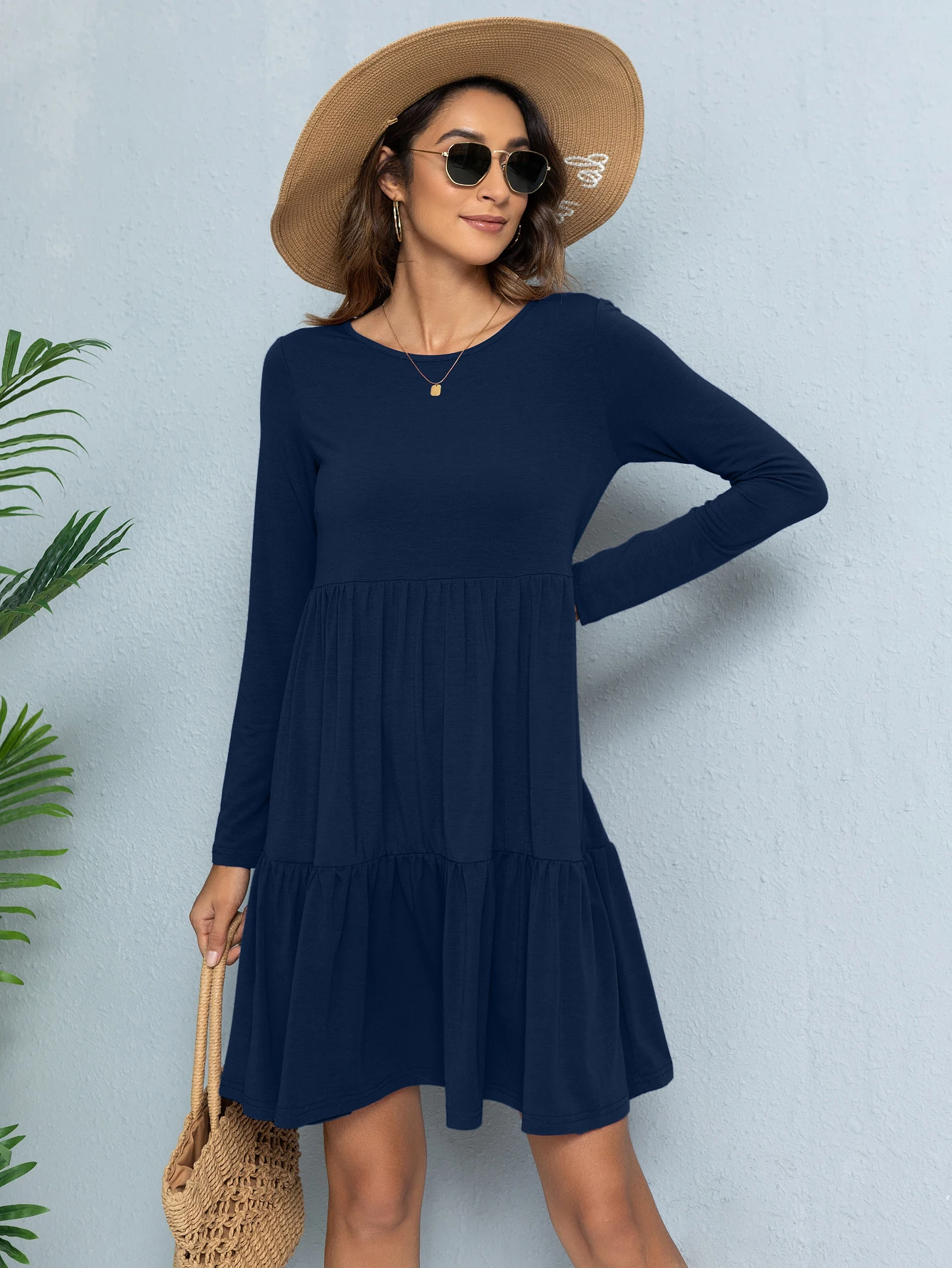 LEVACA-vestido holgado informal de manga larga con cuello redondo para mujer