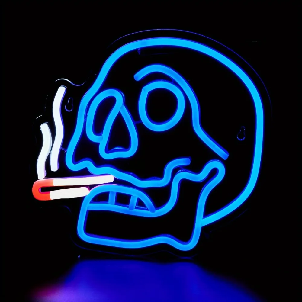 Skull LED neon sign for bars, man caves, clubs, bedrooms, party indoor decoration, USB powered blue smoking skull light sign 10