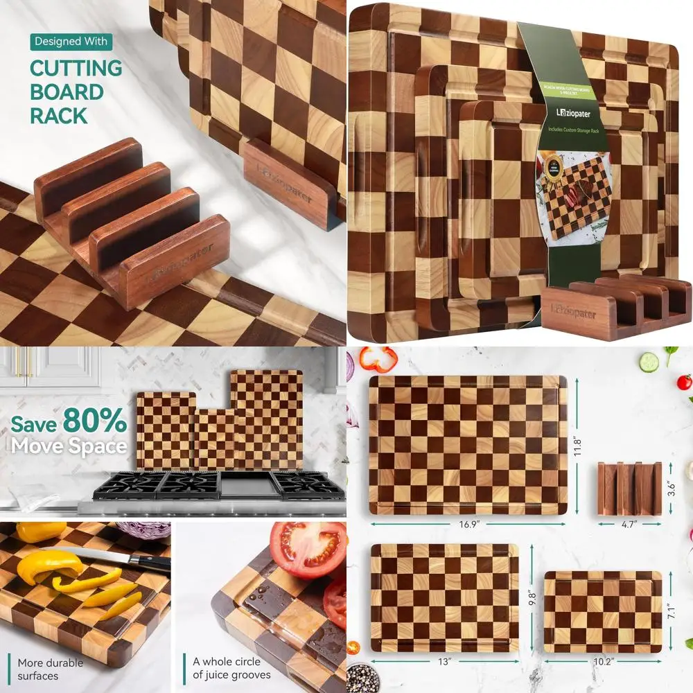 

Set of 3 Acacia Wood Checkerboard Cutting Boards with Holder, Deep Juice Grooves, and Built-in Handles for Kitchen Use