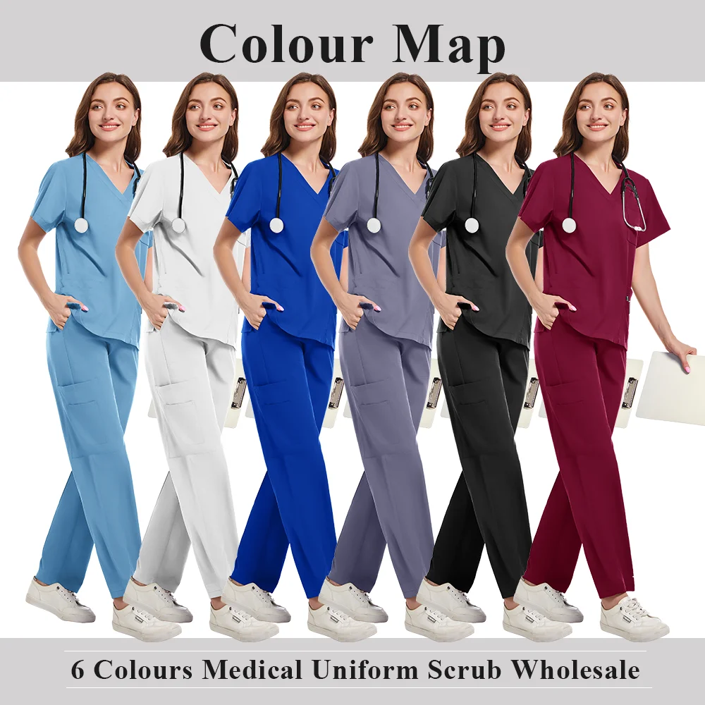 Conjunto de exfoliante elástico para quirófano, uniforme quirúrgico, uniformes de trabajo veterinario Dental, Tops de manga corta con cuello en V, pantalones, traje al por mayor