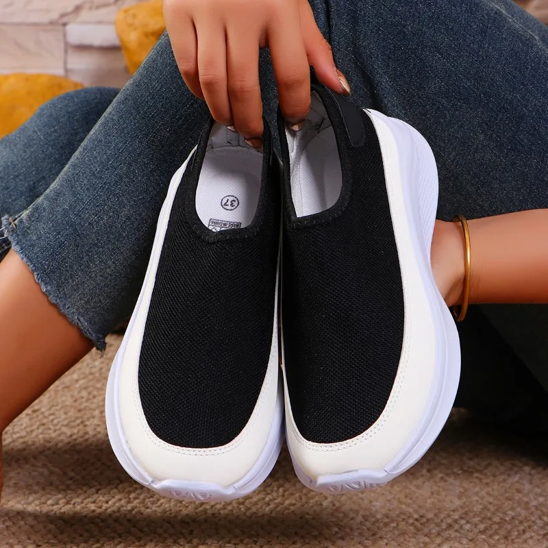 Women's Anti-slip Spring and Autumn Casual Shoes Black White Thick Bottom Socks Sneakers Big Size Mesh Breathable Tennis Shoes