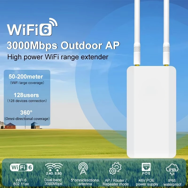 High Performance Outdoor 3000Mbps Dual Band 2.4G&5.8G  Wireless Access Point WIFI6 with Gigabit Ports 300Meters Range