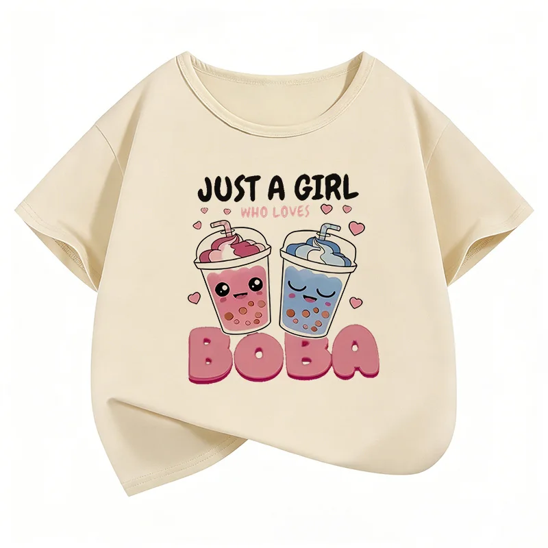 Just A Girl Who Love Boba Bedruckte Grafik-T-Shirts für Kinder, Sommer-Kurzarm-T-Shirts, Mädchenkleidung, Kawaii-Tops, Y2K-Kinder-T-Shirt