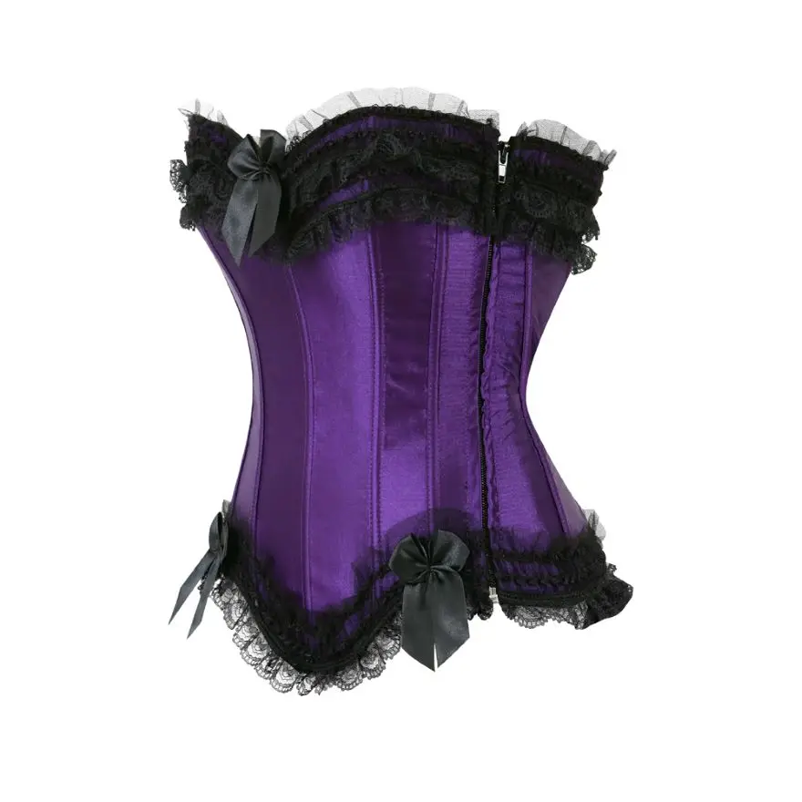 Sexy Lace Overbust Corset Top Women Vintage Satin Bow Bustier Lingerie With Zipper Plus Size Body Shaper Burlesque Corsets