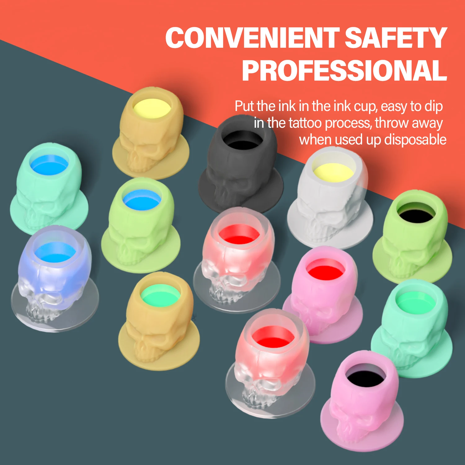 200Pcs Disposable Tattoo Silicone Skull Ink Cup Permanent Makeup Pigment Holder Container Cap Tattoo Ink Accessories for Artist