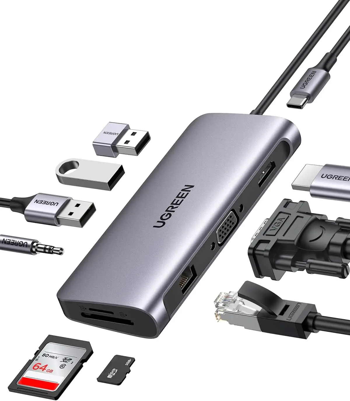 

UGREEN USB C Hub, 10-in-1 USB-C Docking Station, 4K-HDMI& VGA DualMonitor, 1Gbps Ethernet,100W PD, 3 3.0 Ports,3.5mm Audio Jack