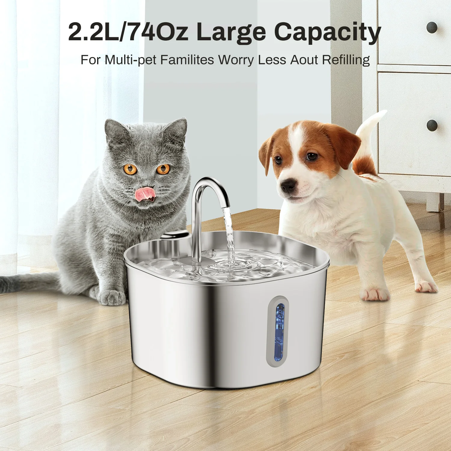 2.2L Automatic Cat And Dog Water Fountain With Faucet Stainless Steel Filter Silent Water Pump Cat Water Fountain Supplies