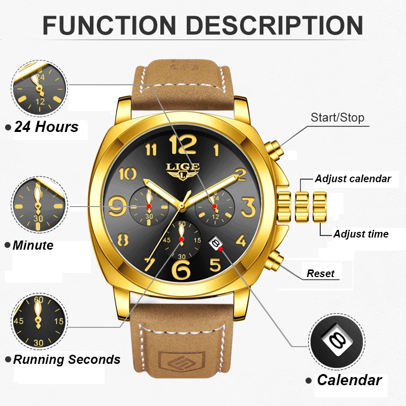 LIGE Outdoor Sports Watches For Men Fashion Business Leather Men's Quartz Wristwatches Waterproof Luminous Big Dial Watch Men