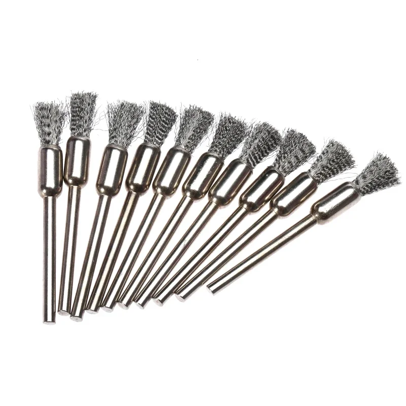 10Pcs 6mm Pen Shape End Brushes Stainless Steel Wire Brush Wheel Drill End 3mm/ 3/25