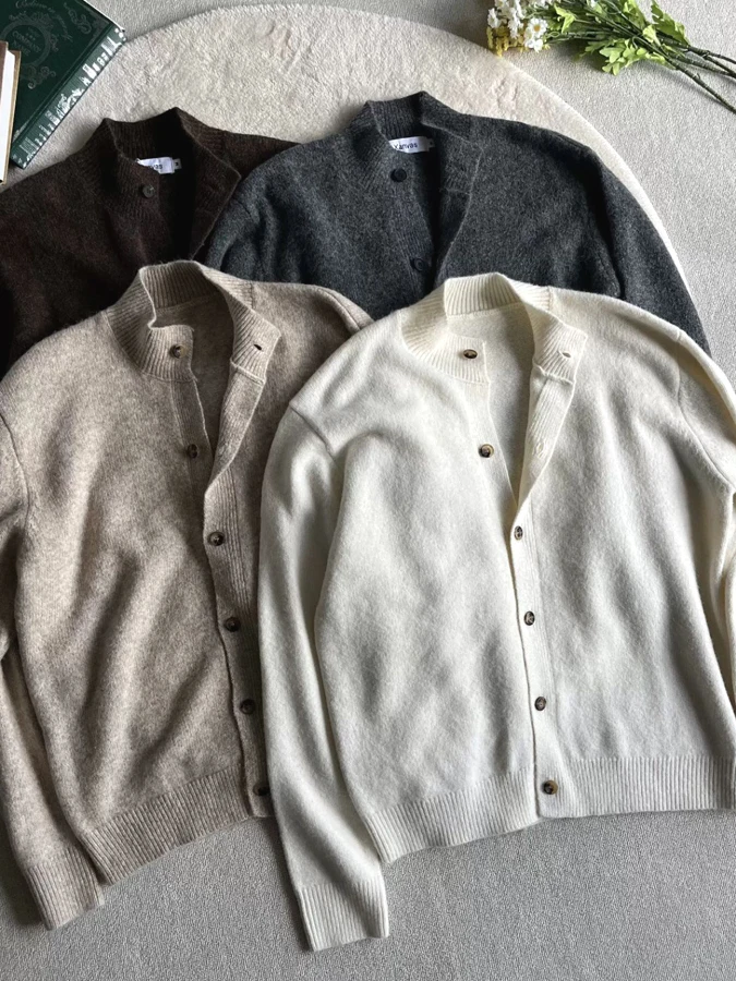

Men's Knitted Wool Blend Long Sve Cardigan f High Collar Sweatirt Jaet Core Spin Yarn Interlo Casual Wear