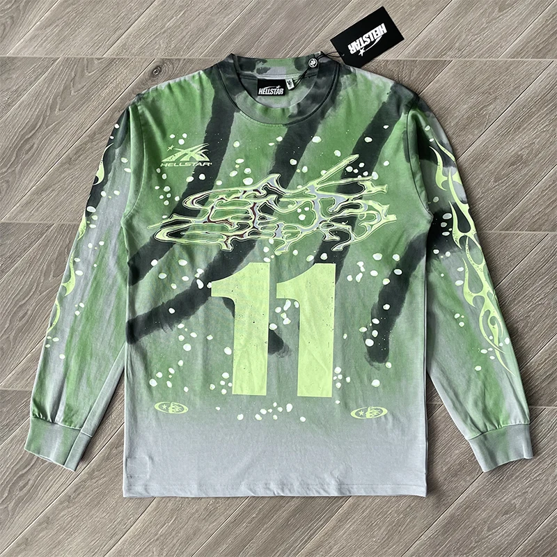 

Футболка Hellstar Studios Moto Cross с длинным рукавом, тай-дай, повседневная, хлопковая, стандартного кроя, молодежная, трендовая, весна-осень, круглый вырез