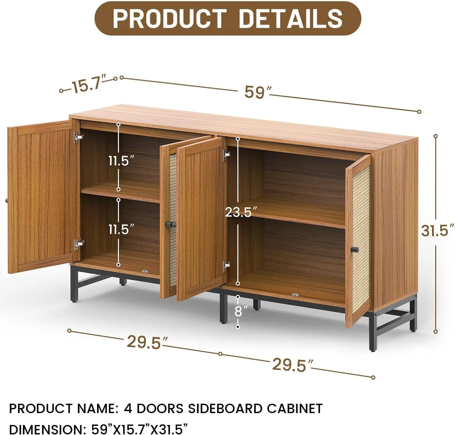 Credenza-Armário Buffet Rattan, Armazenamento Aparador, Armário Accent com 4 ou 6 Portas de Vime, Amplo, Console Moderno para Cozinha