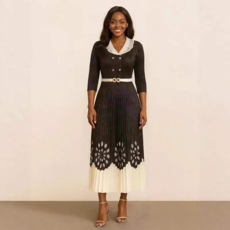 미야케 플리츠 플러스 사이즈 여성용 긴 소매 우아한 패치워크 플리츠 허리 조임 드레스 공식 행사 출퇴근 유럽 스타일