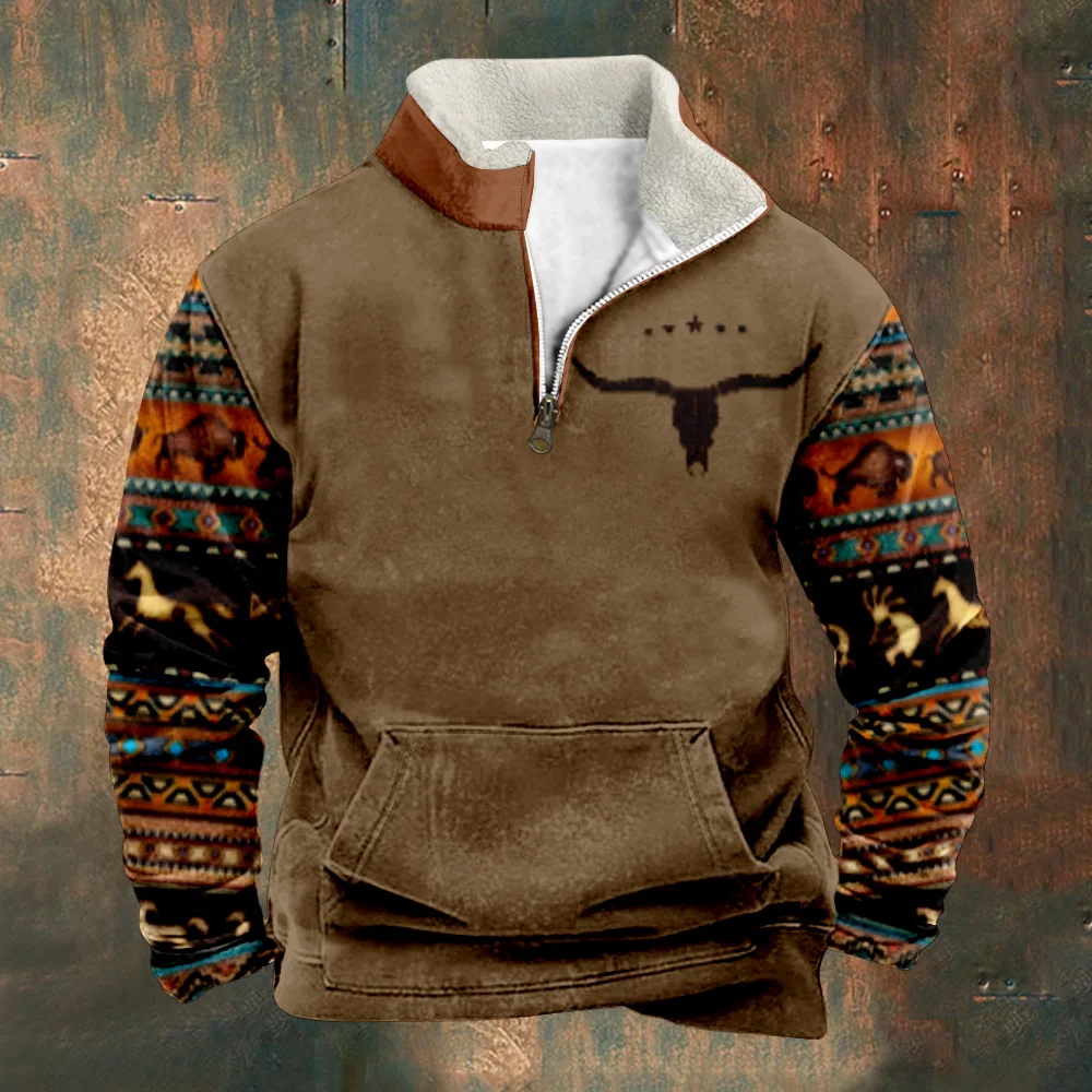 Patchwork Men\'s Sweatshirt Vintage Totem Sweatshirts Long Sleeve Stand Collar Zipper Casual Pullovers