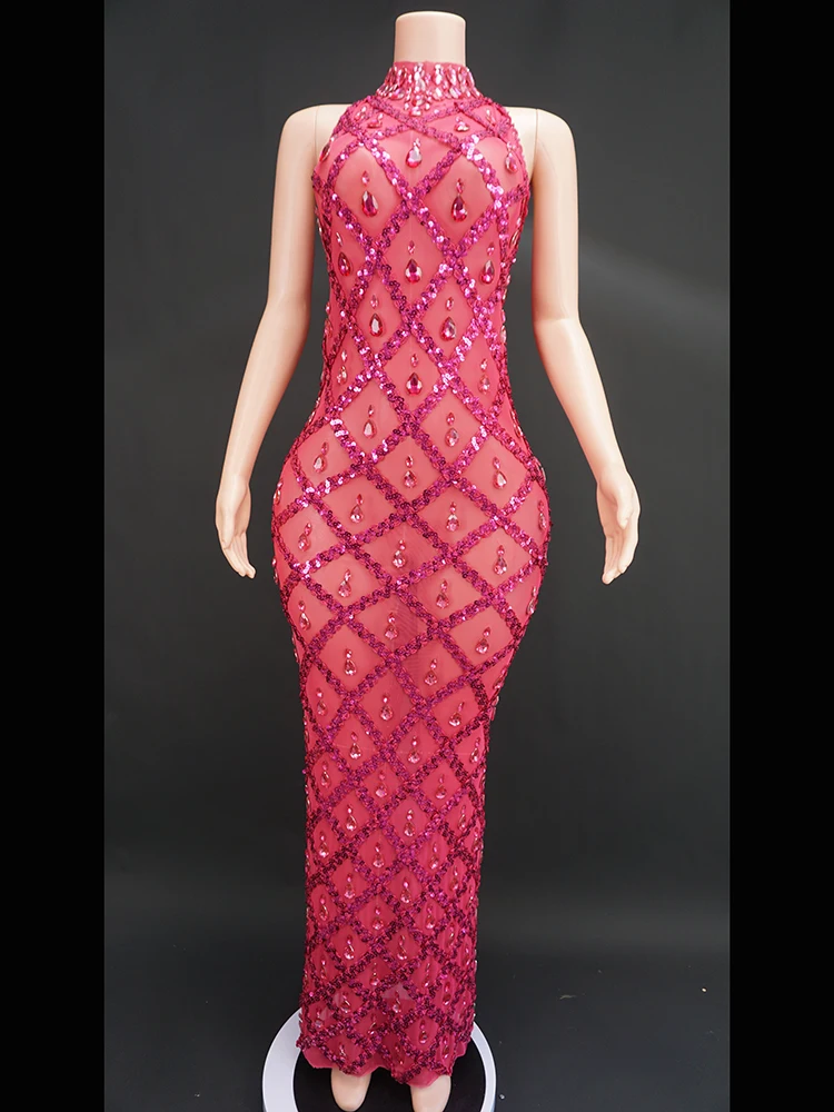 

Rose Red Stones MermaidBodycon Halter Sleeveless Ballroom Evening Dres Festival Clothing Rhinstone Prom Special Ocassion Show