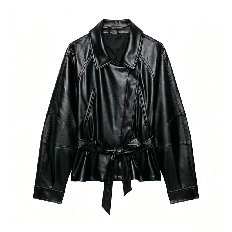 Guobioziy Minimalist Style Women s Jacket 2026 Autumn New Fashion Long Sleeve Turn Down Collar Leather Effect Belted Waist Coat