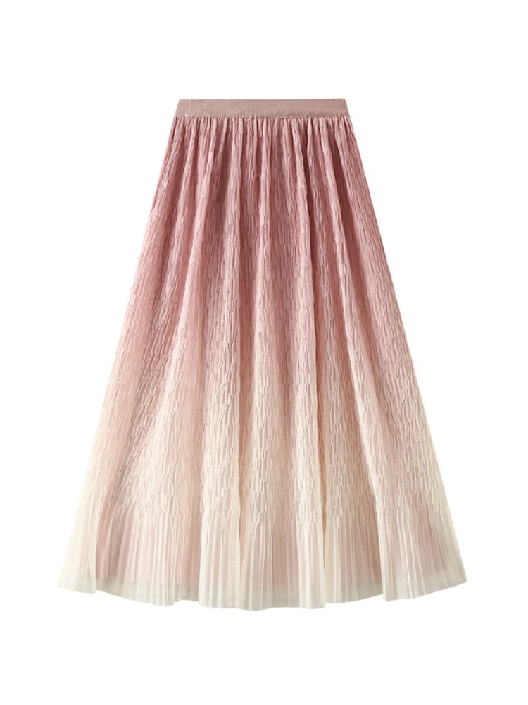 

2024 Spring Summer New Casual Gradient Color Mesh Skirt Women's High Waist Mid Length Yarn Skirt Thin Hundred Pleats Long Skirts