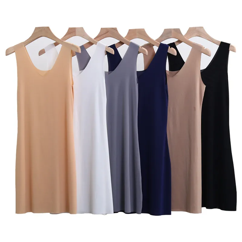 Summer Plus Size Full Slip Dress Women Thin Ice Silk Long Petticoat Underskirt Sleeveless Strap Nightgown Nightdress M-5XL