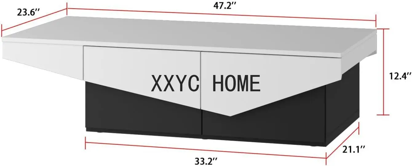 Tavolino moderno con 4 cassetti, tavolo centrale soggiorno con contenitore, legno bianco e nero