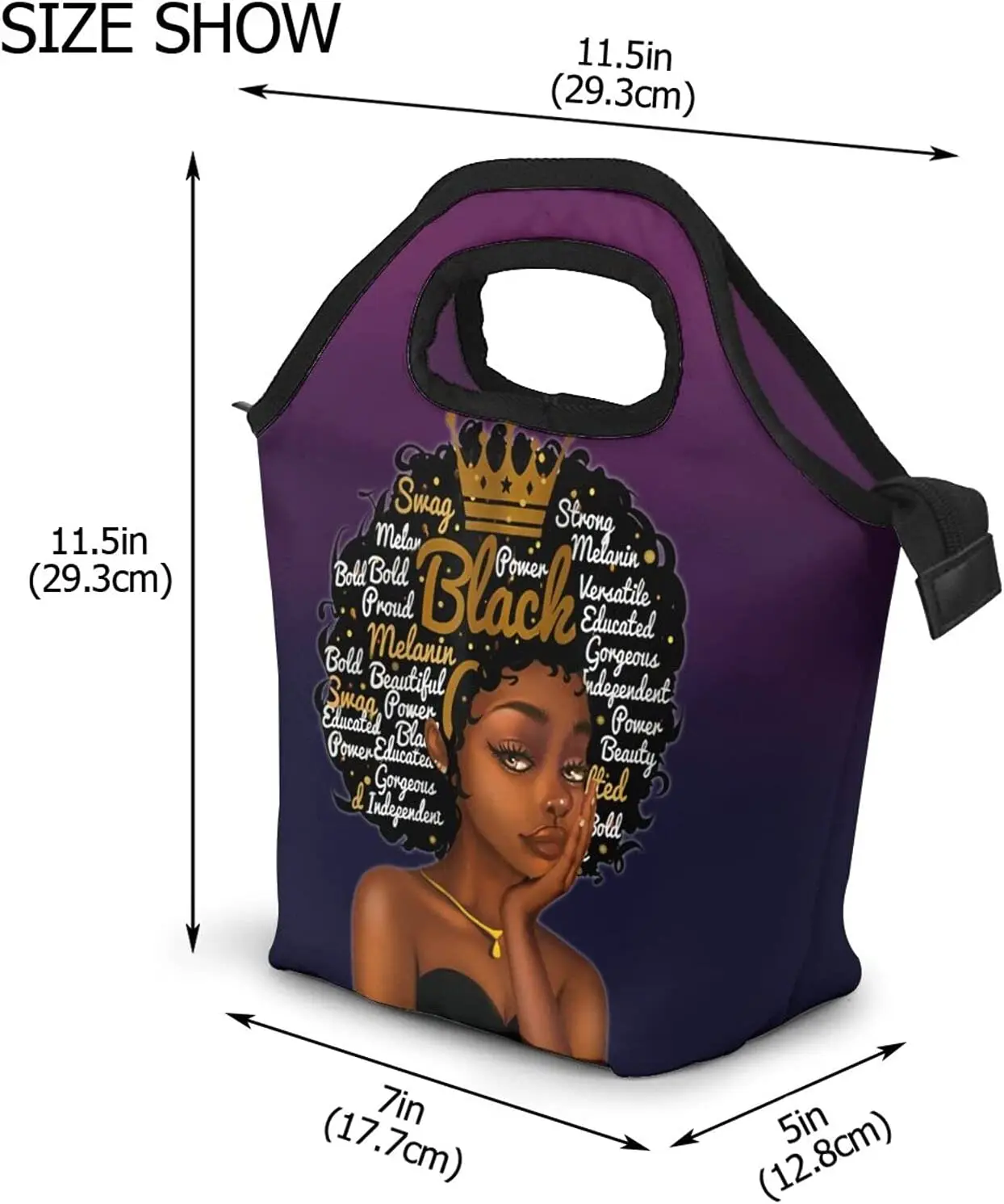 African American Women Thermal Lunch Bag Afro Girl Handbag Lunch Kit Insulated Cooler Box Reusable for Travel Picnic Work School