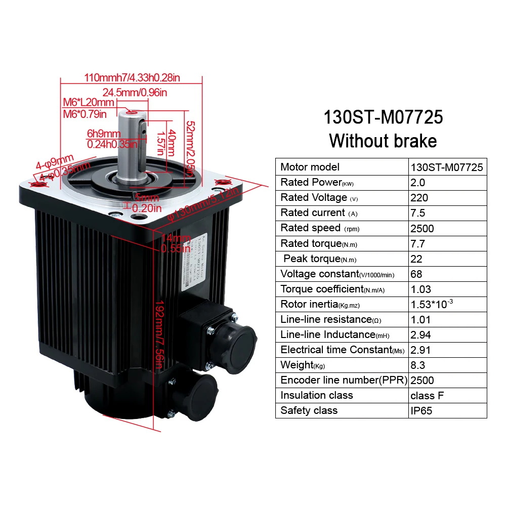 Hot Selling 2.0kw Servo Motor 130ST-M07725+T3L-L30F-RABF for Cnc Machine 3-Phase AC Servo Motor and Servo Drive Manufacturers