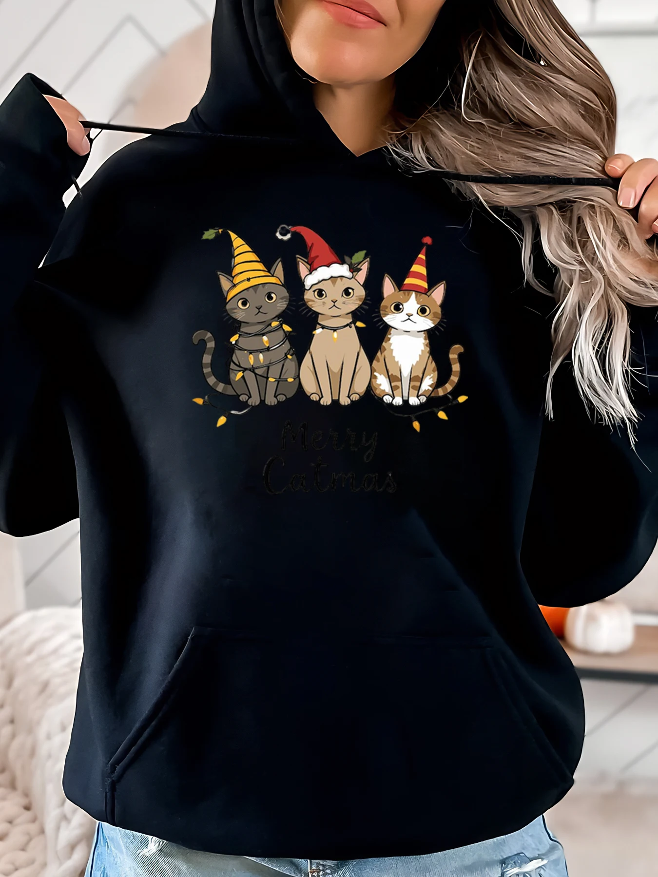 

Рождественская толстовка с капюшоном Merry Catmas Cats, женская повседневная праздничная одежда, черная, больших размеров