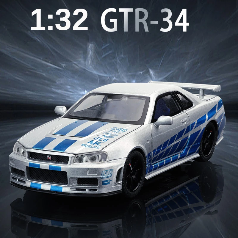 1:32 Scale GTR R34 R35 Diecast Model Sound Light Pull Back high simulation Kid Birthday Gift Collect Orname