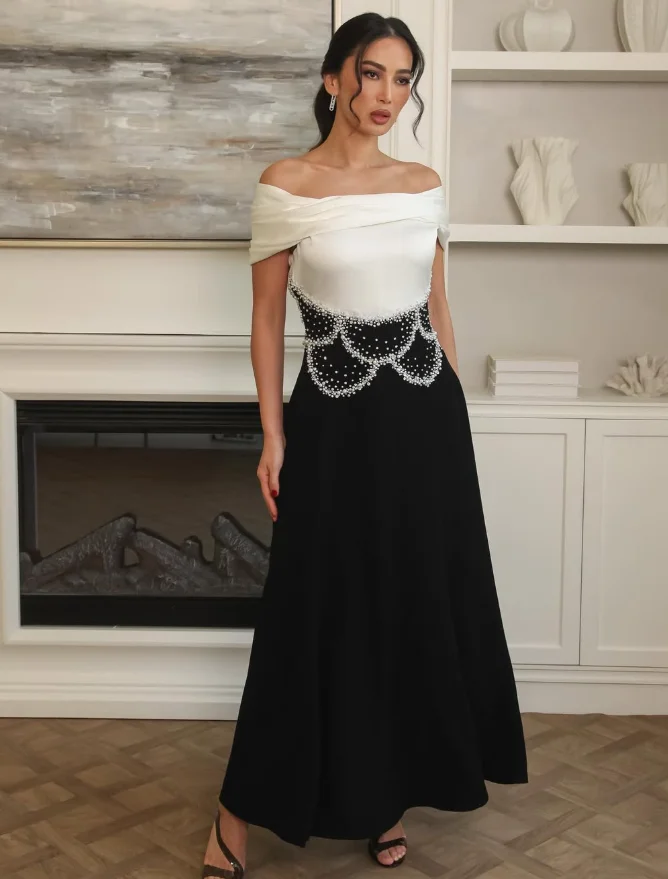 カスタマイズされた高品質ストラップレスビーズアンクル丈カラーコントラストジッパーオフショルダーノースリーブローブブランシュマリアージュ女性用